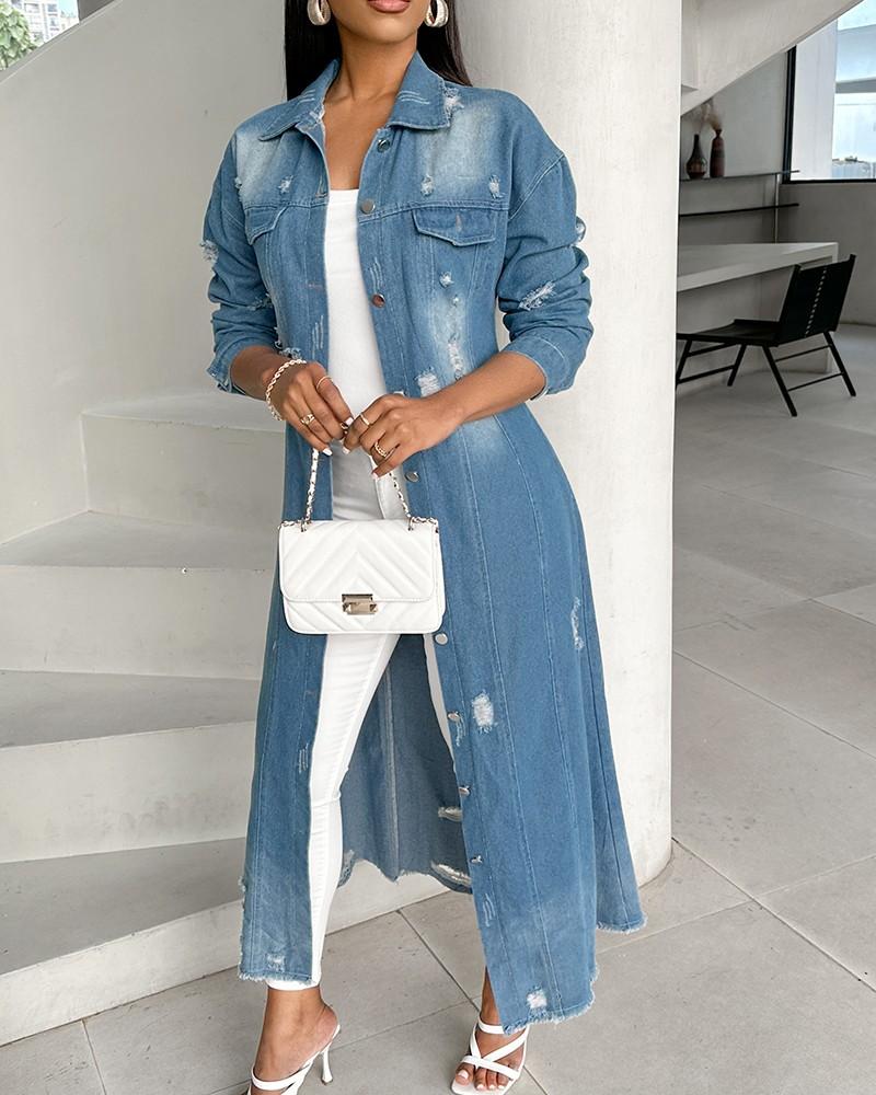 Women's Casual Ripped Raw Hem Button Front Longline Denim Coat