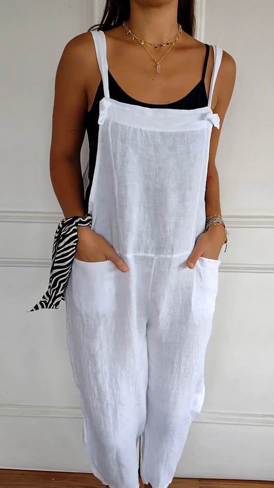 Solid Color Cotton and Linen Jumpsuit