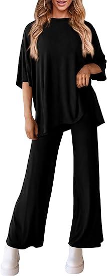 Women's Casual 2 Piece Outfits Short Sleeve Pullover Tops and Wide Leg Pants Lounge Sets