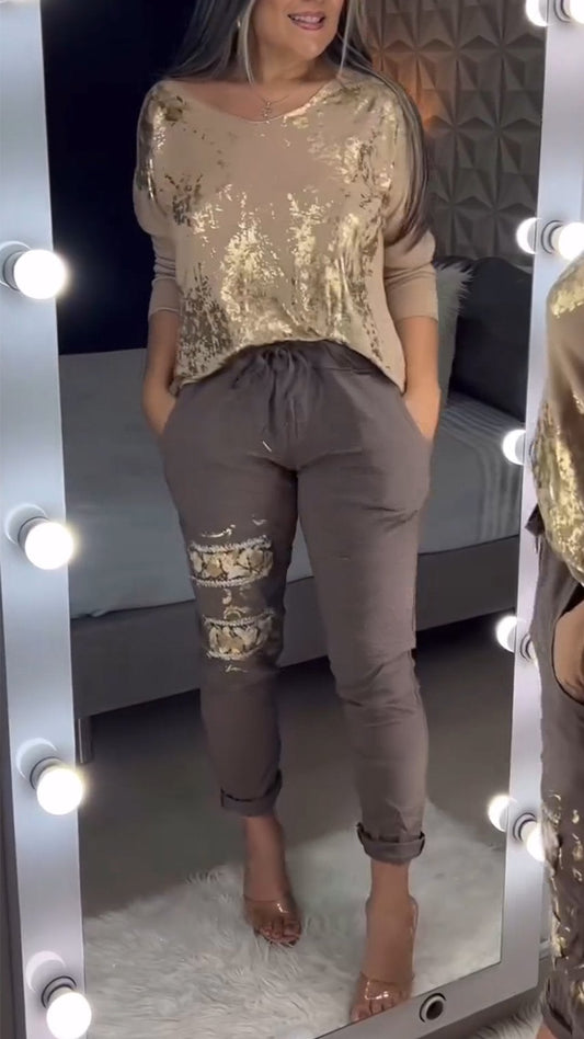 V-neck Hot Stamping Design Two-piece Suit