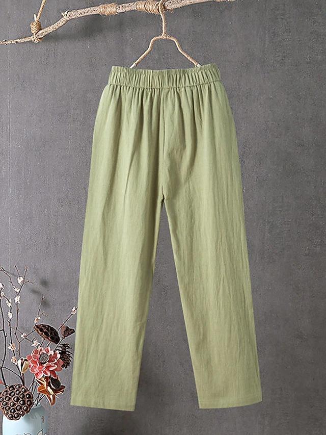 Women's Slacks Baggy Cropped Ankle-Length Linen Pocket Elastic Mid Waist Pants