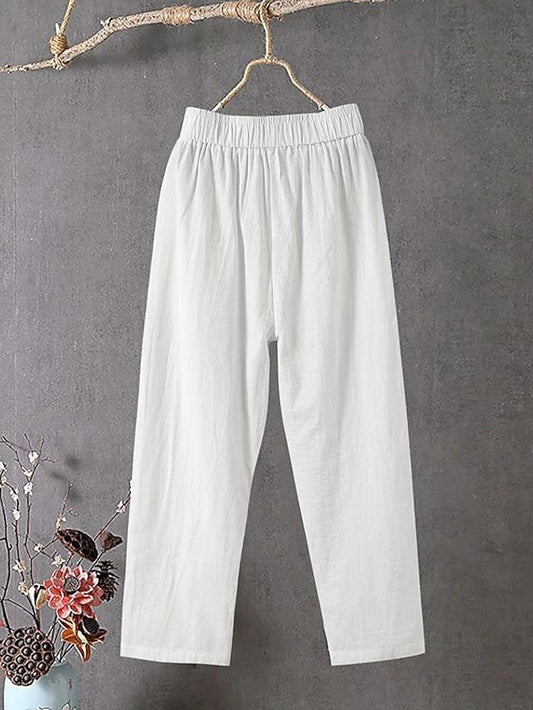 Women's Slacks Baggy Cropped Ankle-Length Linen Pocket Elastic Mid Waist Pants