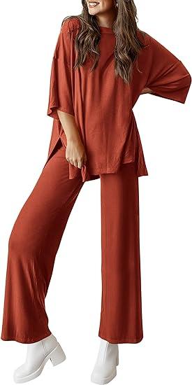 Women's Casual 2 Piece Outfits Short Sleeve Pullover Tops and Wide Leg Pants Lounge Sets