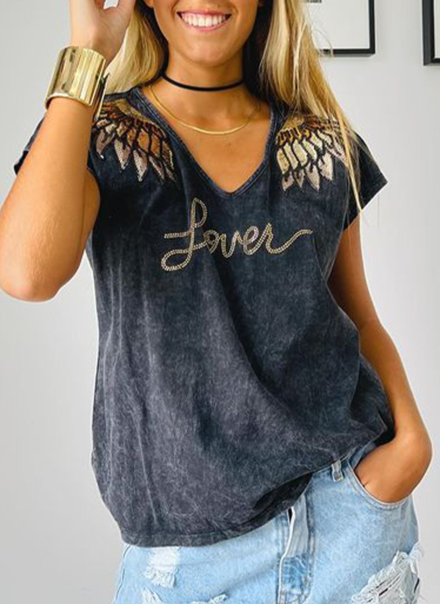 V-neck Sequin Graphic T-shirt