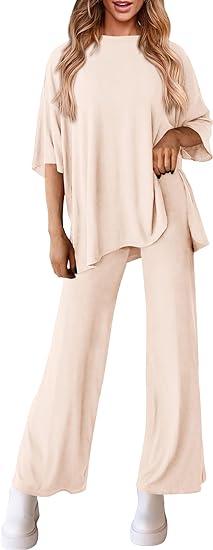 Women's Casual 2 Piece Outfits Short Sleeve Pullover Tops and Wide Leg Pants Lounge Sets