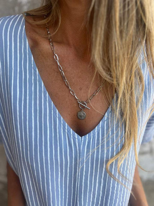 Cotton and Linen V-neck Striped Top