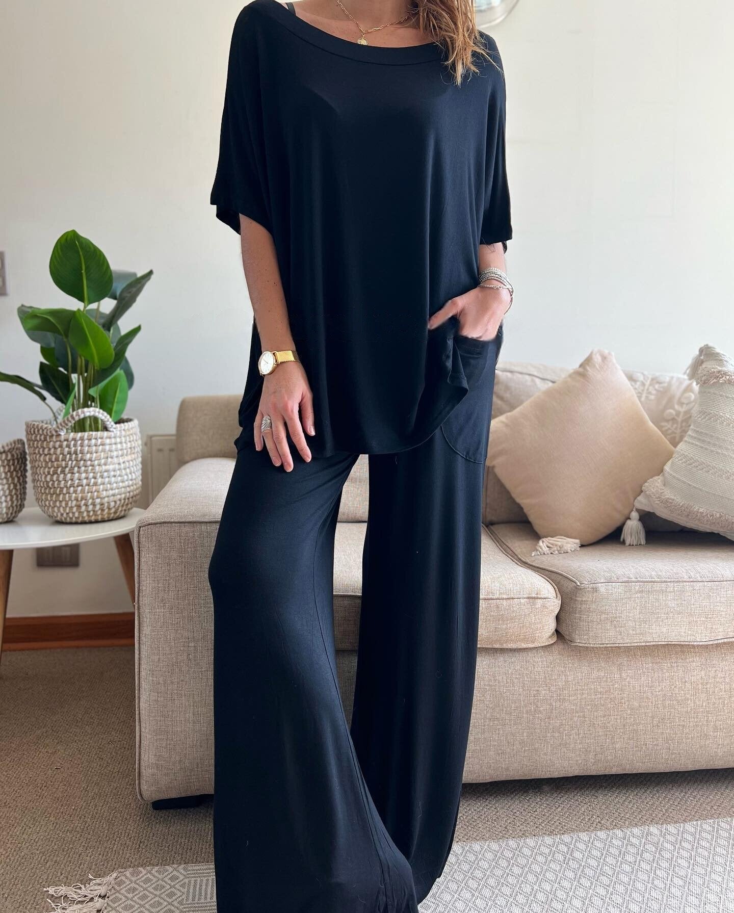 Women's Casual Solid Color Knit Tops and Pants Set