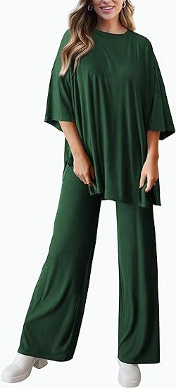 Women's Casual 2 Piece Outfits Short Sleeve Pullover Tops and Wide Leg Pants Lounge Sets