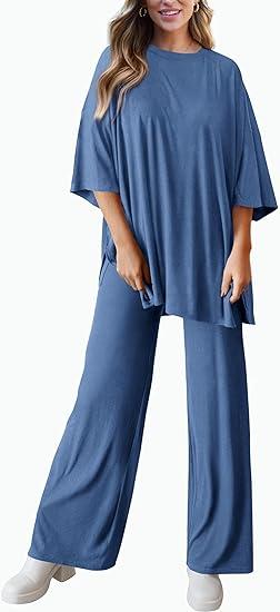 Women's Casual 2 Piece Outfits Short Sleeve Pullover Tops and Wide Leg Pants Lounge Sets
