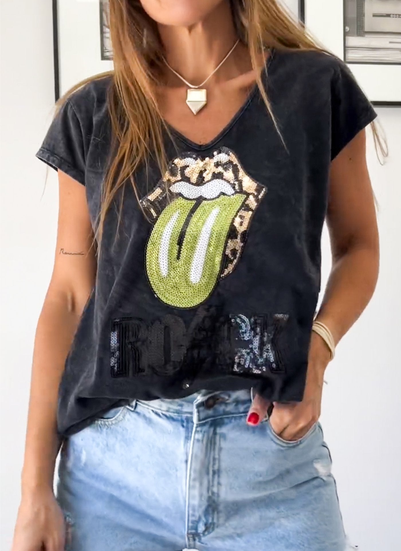 V-neck Sequin Graphic T-shirt