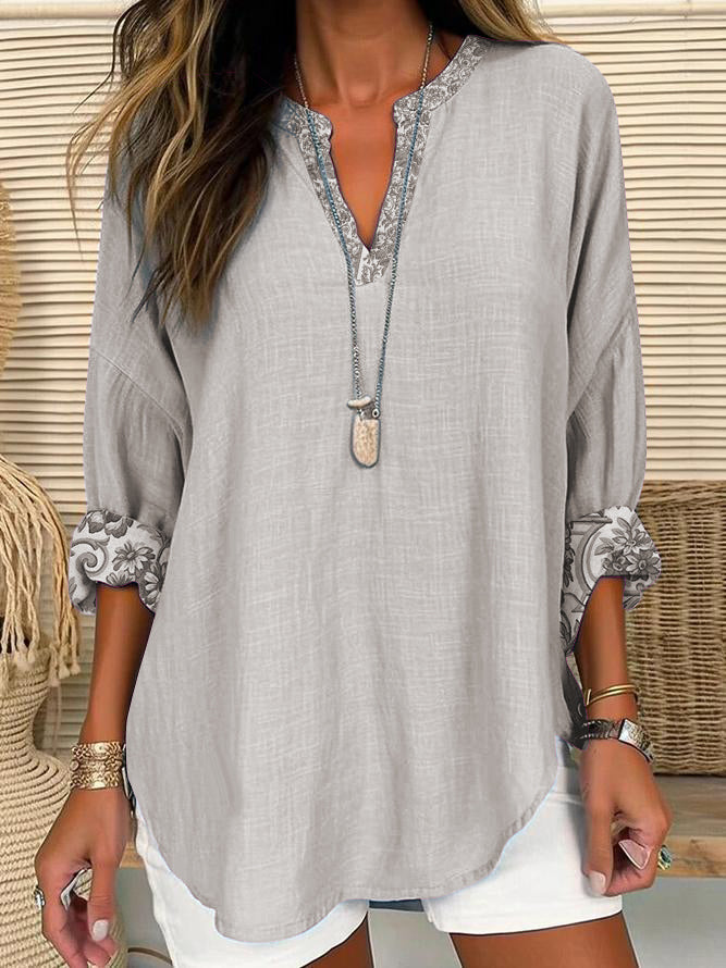 Women's V-neck Casual Printed Long-sleeved Shirt