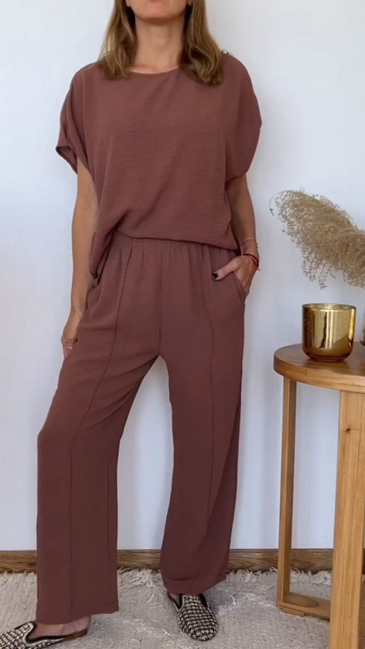 Cotton and Linen Round Neck Two-piece Suit