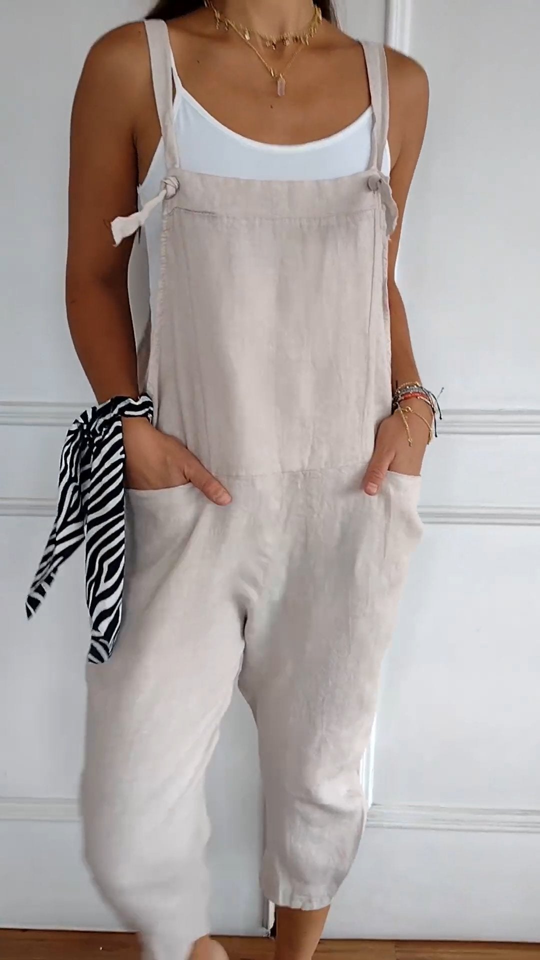 Solid Color Cotton and Linen Jumpsuit