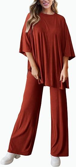 Women's Casual 2 Piece Outfits Short Sleeve Pullover Tops and Wide Leg Pants Lounge Sets