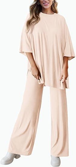 Women's Casual 2 Piece Outfits Short Sleeve Pullover Tops and Wide Leg Pants Lounge Sets