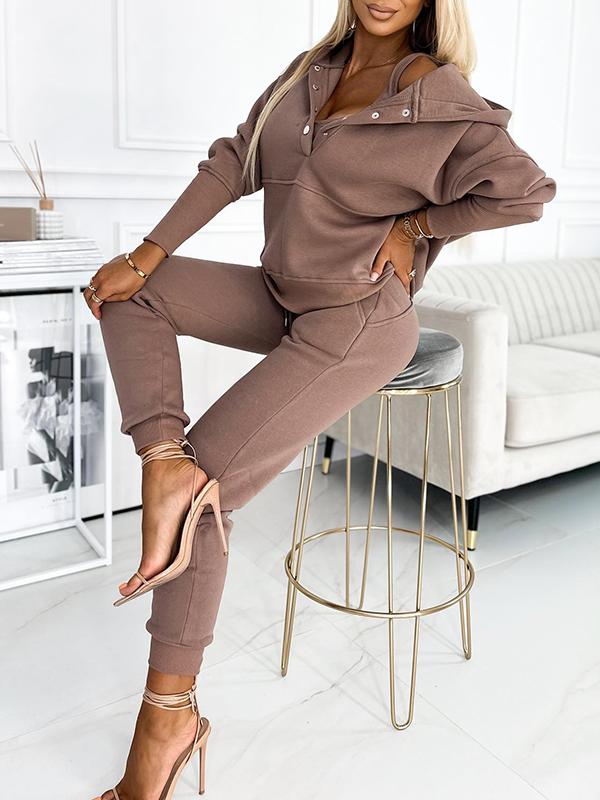 Women's Fashionable Solid Color Hooded Sweatshirt 3-piece Set