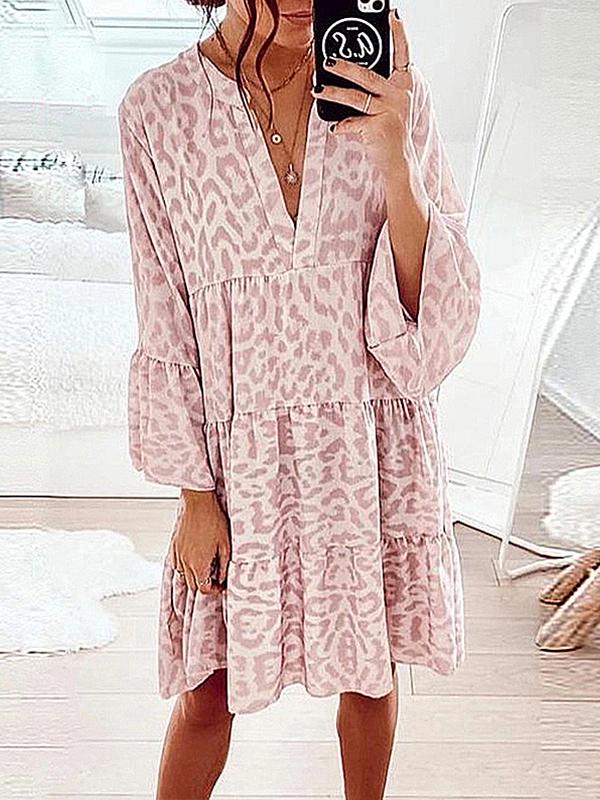 Printed long-sleeved loose V-neck patchwork dress