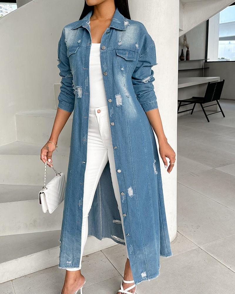 Women's Casual Ripped Raw Hem Button Front Longline Denim Coat