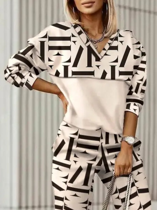 Geo Letter Print Long Sleeve Top & Pants Set