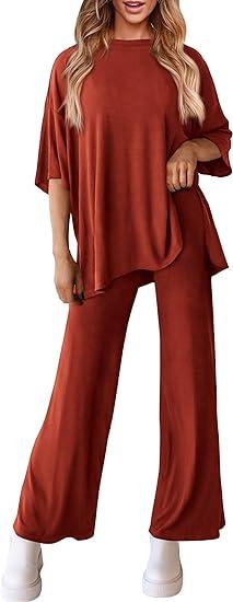 Women's Casual 2 Piece Outfits Short Sleeve Pullover Tops and Wide Leg Pants Lounge Sets