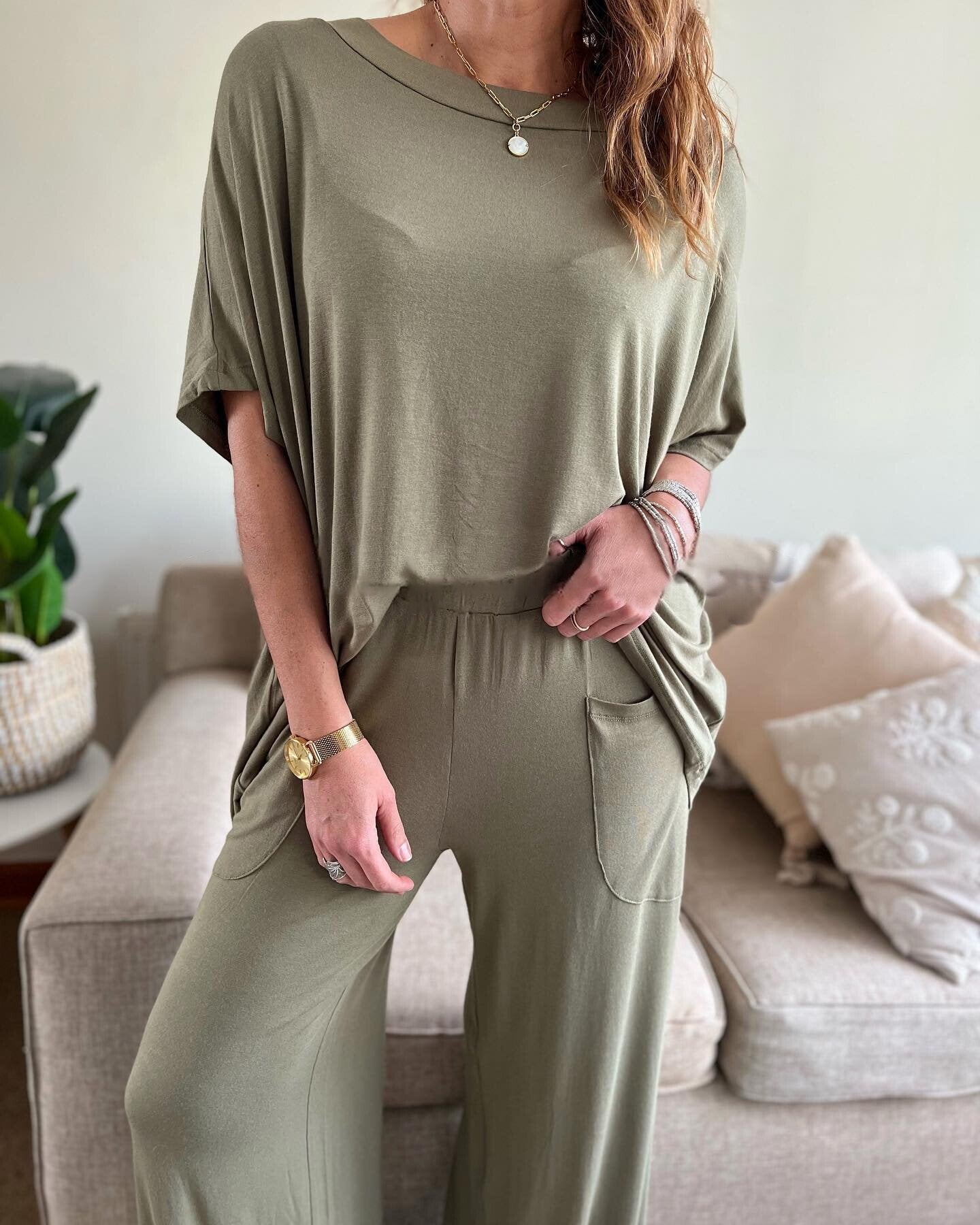 Women's Casual Solid Color Knit Tops and Pants Set