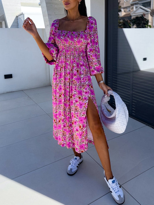 Women's Boho Floral Print Slit Casual Dress