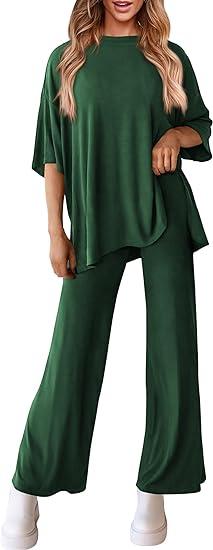 Women's Casual 2 Piece Outfits Short Sleeve Pullover Tops and Wide Leg Pants Lounge Sets
