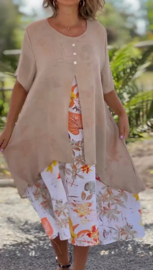 Women's Casual Floral Print Fake Two Pieces Linen Dress