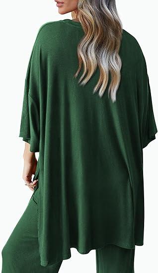 Women's Casual 2 Piece Outfits Short Sleeve Pullover Tops and Wide Leg Pants Lounge Sets