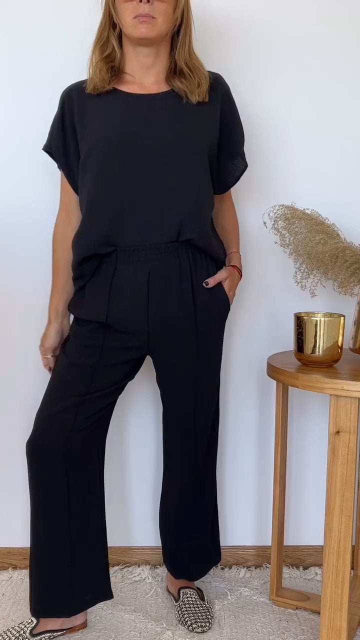 Cotton and Linen Round Neck Two-piece Suit