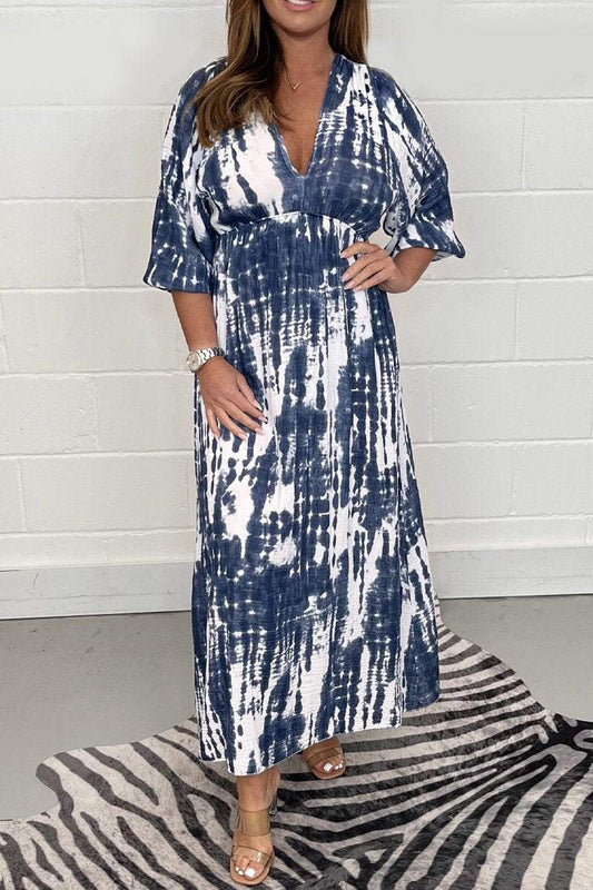 Tie-dye cotton and linen printed dress