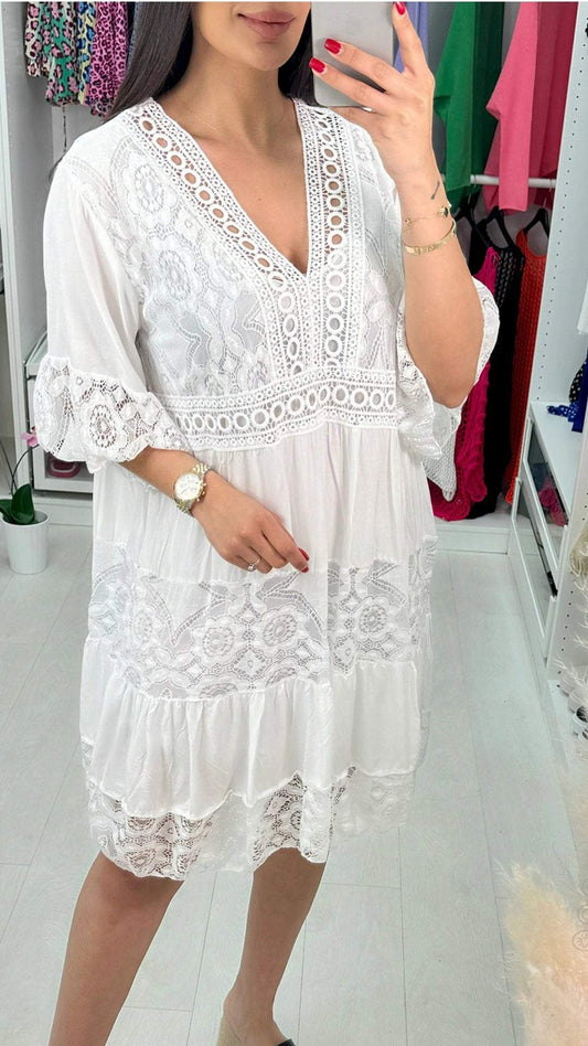 V-neck Mid-sleeve Hollow Lace Dress