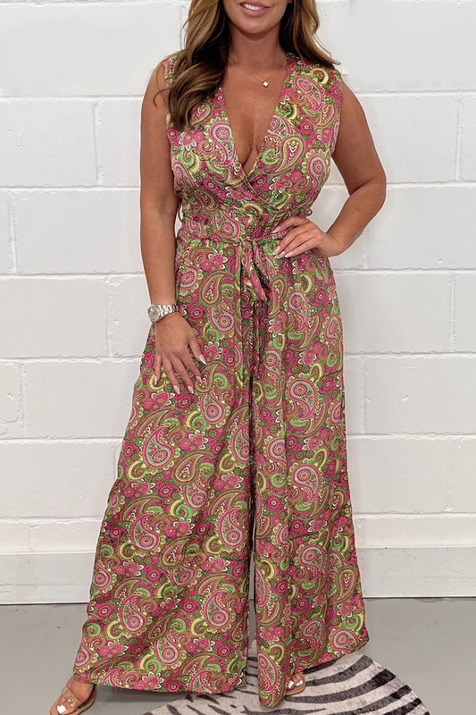 V-neck cashew flower jumpsuit