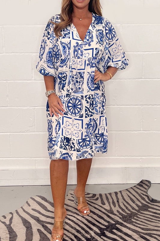 Ink printed puff sleeve dress
