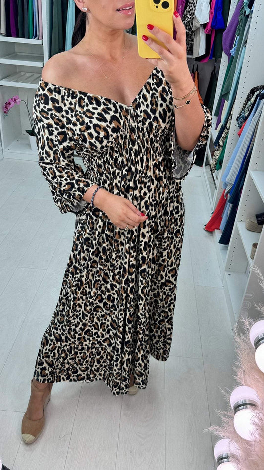 V-neck Mid-sleeve Leopard Print Dress