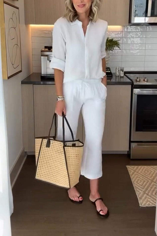 Women's Cotton And Linen Solid Color Top And Pants Two-piece Set