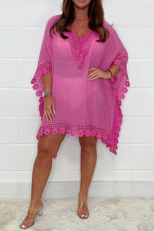 Solid color cotton and linen lace patchwork dress