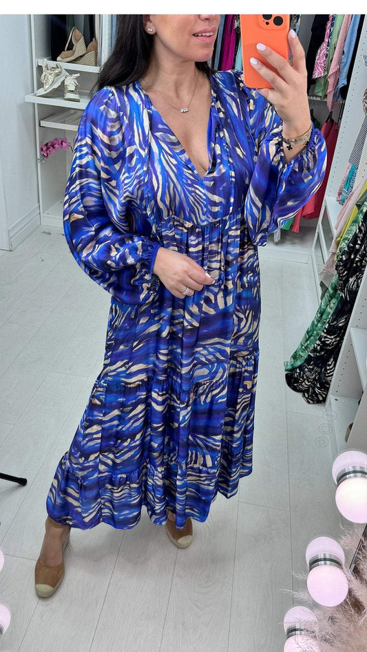 Loose Printed Long-sleeved Dress with V-neckline