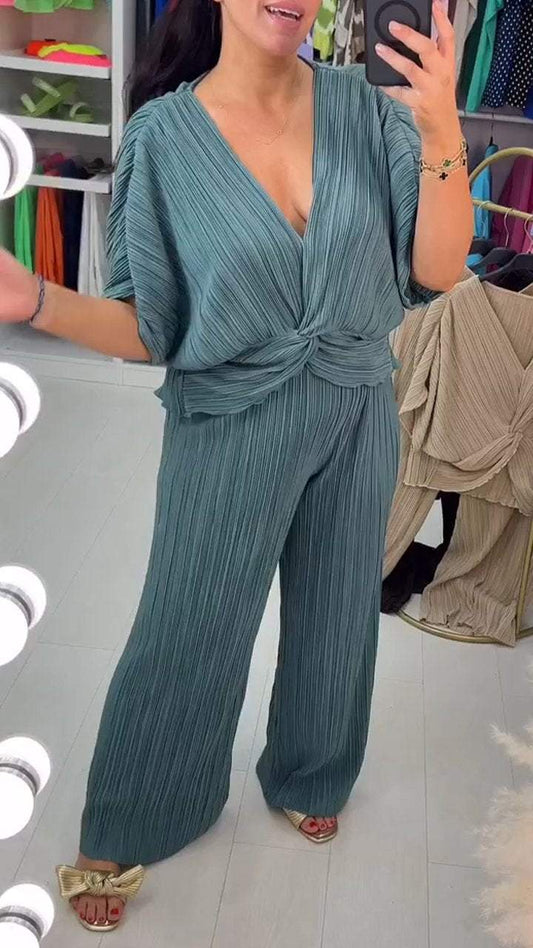 V-neck Loose Pleated Two-piece Suit