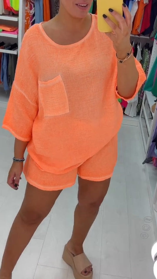 Casual Cotton and Linen Crew Neck Shorts Two-piece Suit