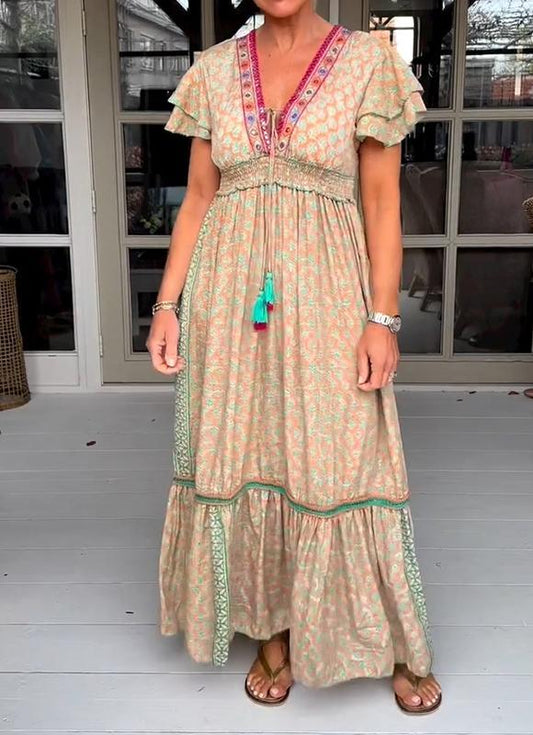 Casual V-neck Printed Patchwork Dress