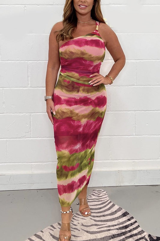 Mesh One Shoulder Maxi Dress