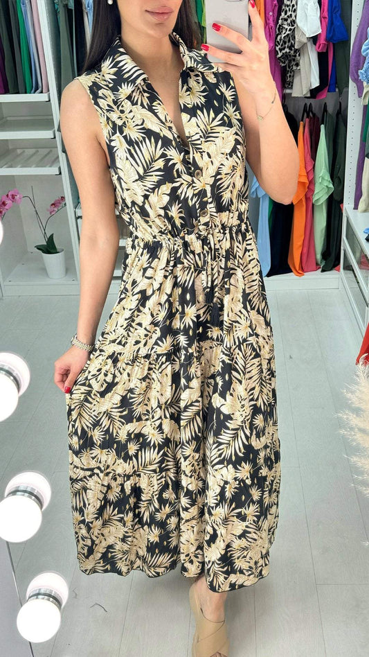 Lapel Printed Sleeveless Dress