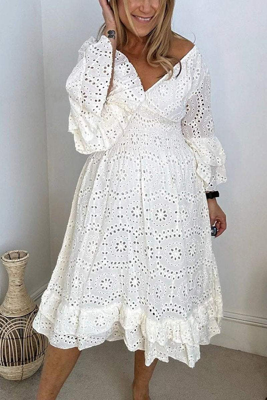 V-neck cutout embroidered midi dress