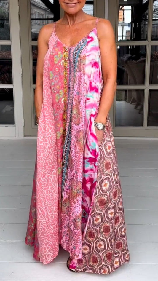 Casual V-neck Printed Suspender Dress