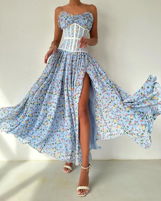 Sexy Split Floral Print Strap Long Dress(excluding corset)