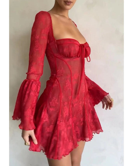Sexy red lace skirt with flared sleeves dress