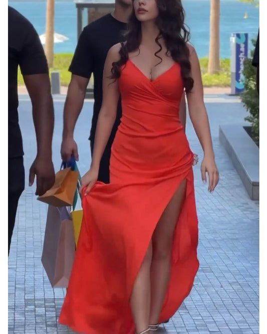 2024ss solid color sexy strap split dress