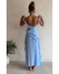Blue Slit pleated strapless dress