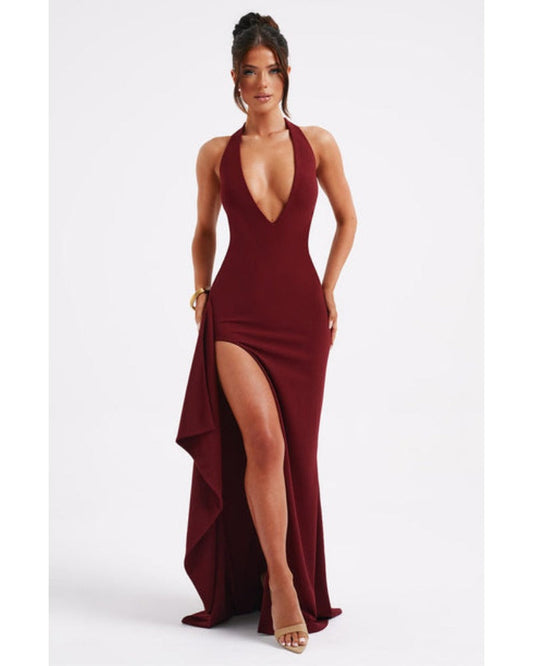 2024ss red sexy ruffled deep V dress